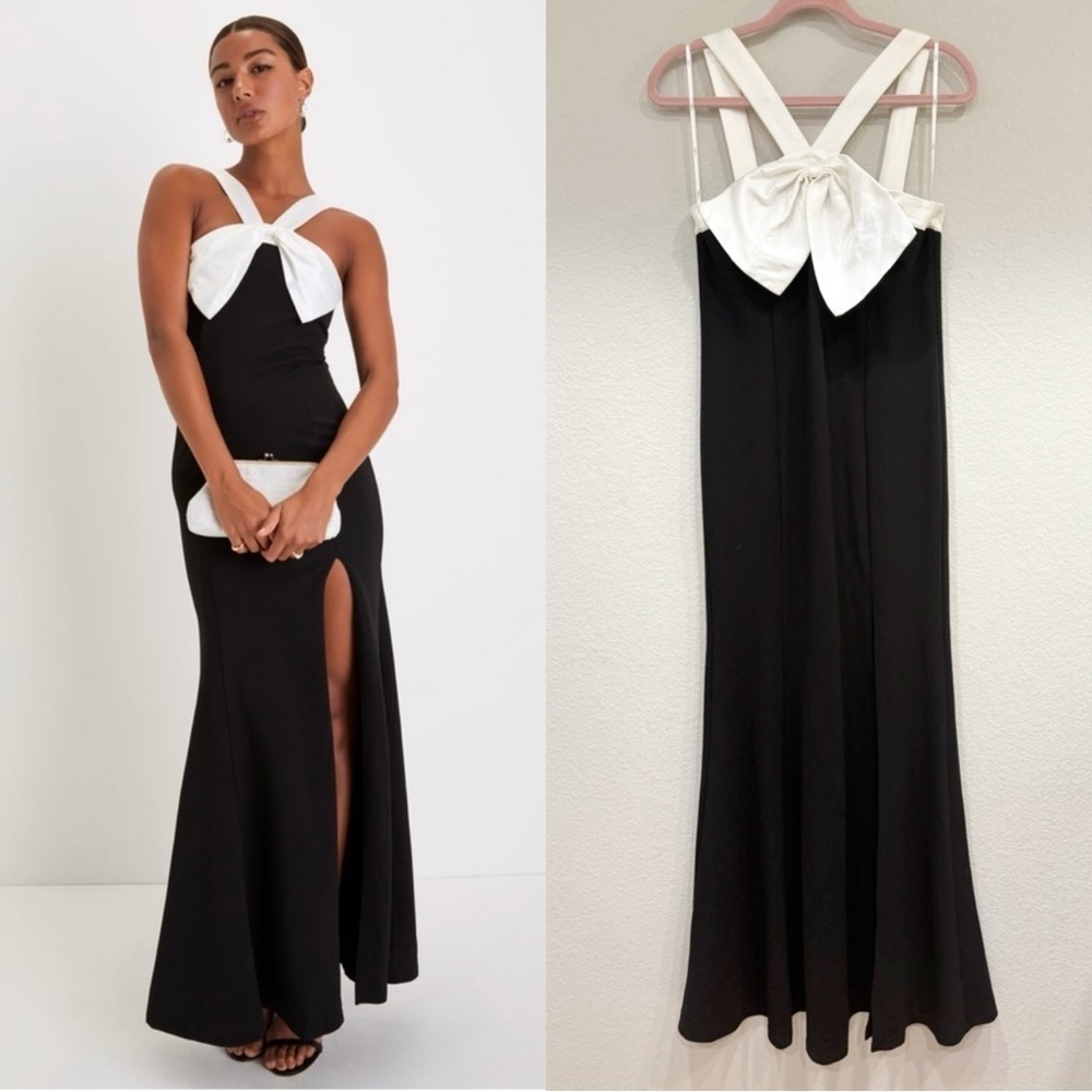 NWOT Lulus Luxurious Outlook Black and White Bow Mermaid Maxi‎ Dress